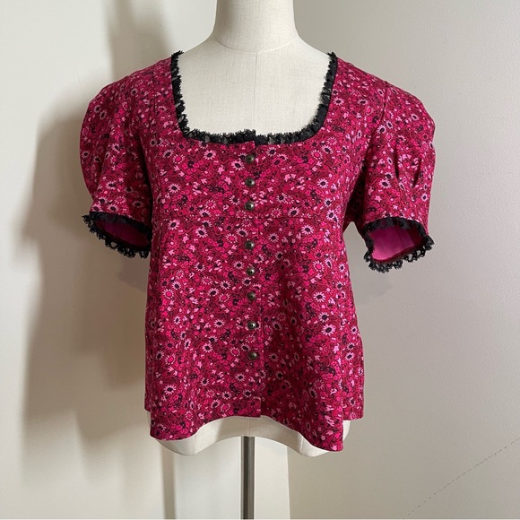 Anthropologie Women’s Maeve Red Black-SZ M-Babydoll Short Puffed Sleeves Top - Picture 2 of 10